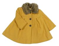 Hořčicový flaušový podšitý kabát s kožešinovým límcem F&F