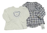 Nové - 2set - Biele tričko s medvědem + Svetlošedá -šedomodrá kockovaná košeľová bunda George
