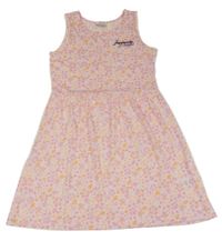 Svetloružová -oranžové kvetované šaty s nápisom