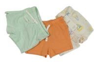 Nové - 3set - 3x kraťasy - oranžové + mintovo-bílé pruhované + smetanové s obrázkami M&S