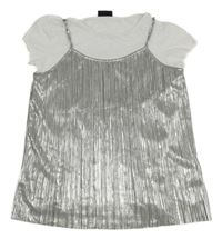 Strieborný lesklý crop top s všitým tričkem Page one young