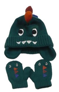 2set - Tmavozelená čepice s dinosaurem + rukavice Primark 