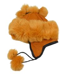 Oranžová koženkovo/kožešinová čepice a bambulemi