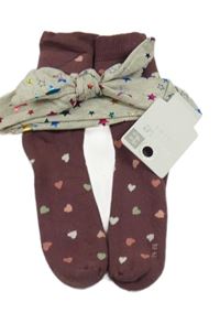 2set- lilkové teplé ponožky se srdíčky+ šedá čelenka s hvězdami