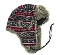 Černo-růžová vzorovaná pletená zateplená beranice s kožešinou