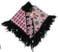 Nové - Čierno-bielo-ružové vzorované pletené pončo s rolákom a strapcemi