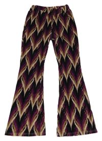 Fuchsiovo-čierno-béžové vzorované plyšové flare legíny