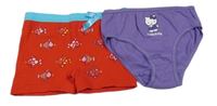 2x kalhotky - fialové s Kitty + červené s rybkami
