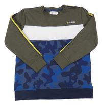 Khaki-bílo-army tmavomodrá mikina s nápisem 