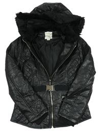 Čierny koženkový prešívaný zateplený kabát s kapucňou River Island