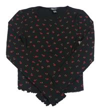 Černé žebrované crop triko s kytičkami New Look
