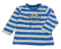 Safírovo-biele pruhované tričko s dinosaurom Topomini