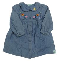 Modré plátěné propínací šaty s kytičkami a límečkem Lilly+Sid