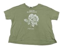 Khaki crop tričko s růží a nápisom H&M