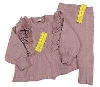 Nové - 2set - Starorůžový žebrovaný svetr s volánky + kalhoty Shein