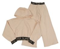 2Set - Světlebroskvovo-černá oversize crop mikina s logy a kapsou a kapucí + široké tepláky RIVER ISLAND