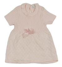 Svetloružové pletené šaty so žebrováním a bodkami a mašlou a volánikom ZIP ZAP