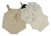 Nové - 3Set - Svetlobéžové perforované úpletové na traké kraťasy s Bambim + biele body s kvietkami a volánikom a ponožky Disney