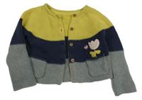 Žlto-tmavomodro-sivý prepínaci sveter s kvietkom a motýlkom M&S