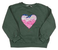 Khaki mikina so srdíčkem z překlápěcích flitrů H&M