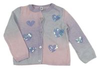 Fialovo-světlemodro/růžový melírovaný propínací svetr se srdíčky z flitrů Tu