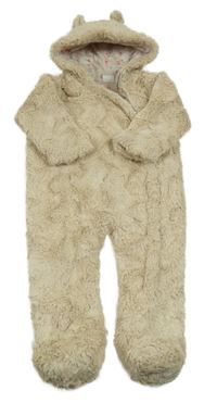 Svetlobéžová kožušinová zateplená kombinéza s kapucňou s uškami F&F