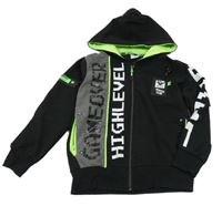 Čierno-tmavošedo-kriklavoě zelená prepínaci mikina s nápismi a kapucňou