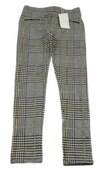 Nové - čierno-bielo-hnedo-strieborné kockované vzorované tregínové nohavice ORCHESTRA