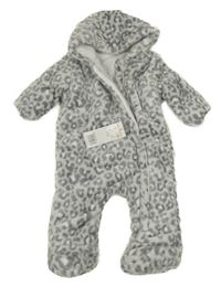 Nové - světlešedo-tmavošedo-bílá vzorovaná plyšová zateplená kombinéza s kapucí F&F