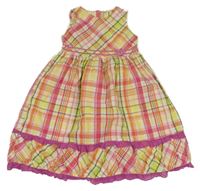 Farebné kostkovano/kárované plátenné šaty s mašličkami a volánikmi