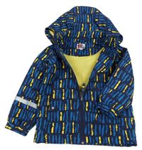 Tmavomodro-modro-žltá vzorovaná šušťáková jarná bunda s odopínacíá kapucňou