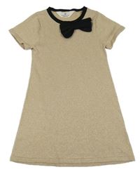 Béžovo-sivo-zlato-čierne melírované svetrové šaty s mašlou H&M