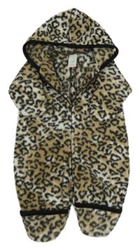 Béžovo-biela fleecová kombinéza s leopardím vzorom a kapucňou Adams