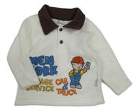 Biela fleecová polo mikina s klukem a nápisom