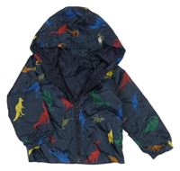 Tmavomodrá šušťáková jarná bunda s dinosaurami a kapucňou