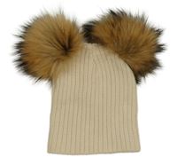 Béžová žebrovaná čepice s bambulemi