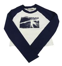 Bielo-tmavomodré rebrované crop tričko s nápisom zn. H&M
