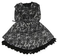 Černo-stříbrné květované slavnostní šaty s páskem 