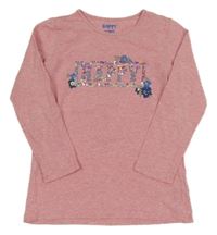 Svetloružové melírované tričko s nápisem z flitrů Tchibo