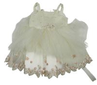 Smetanové tylové slavnostní šaty s výšivkami květů a korálky 