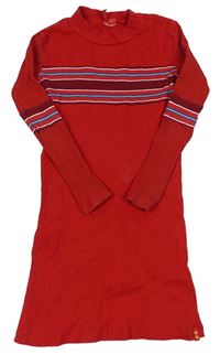 Červené rebrované bavlnené šaty s pruhmi a stojačikom