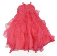 Fuchsiové tylové slávnostné vrstvené šaty s kamienkami