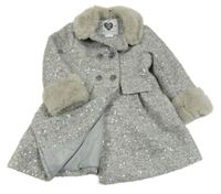 Stříbrný flitrový huňatý podšitý vlněný kabát s kožešinovými prvky F&F