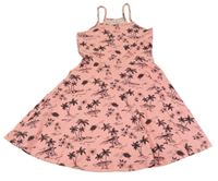 Neónově korálovo-čierne šaty s palmami a korytnačkami C&A