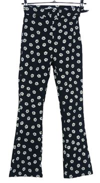 Dámské černé kytičkované zvonové kalhoty s páskem Primark vel. 32
