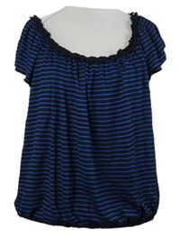 Dámské černo-tmavomodré pruhované nabírané tričko s lodičkovým výstřihem