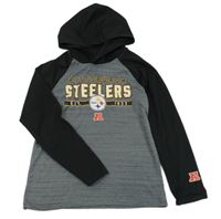 Sivo-čierne športové tričko s potlačou a kapucňou