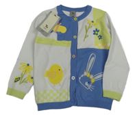 Nové - Bílo - modro - barevný propínací svetr se zvířátky Tu