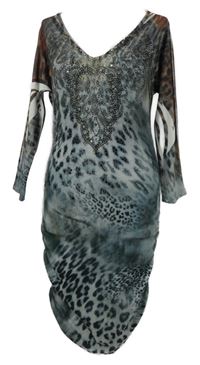 Dámske sivo-hnedé vzorované úpletové šaty s kamienkami a průřezy