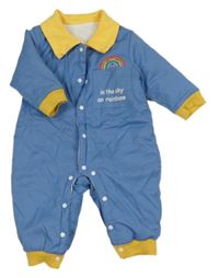 Modrý zateplený overal s  duhou, nápisem a límečkem 